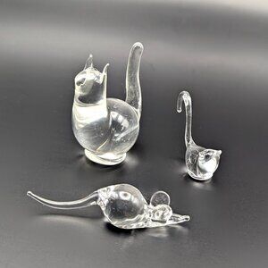 Art Glass Cats and Mouse - Mother Cat, Kitten, and Mouse Glass Figurines